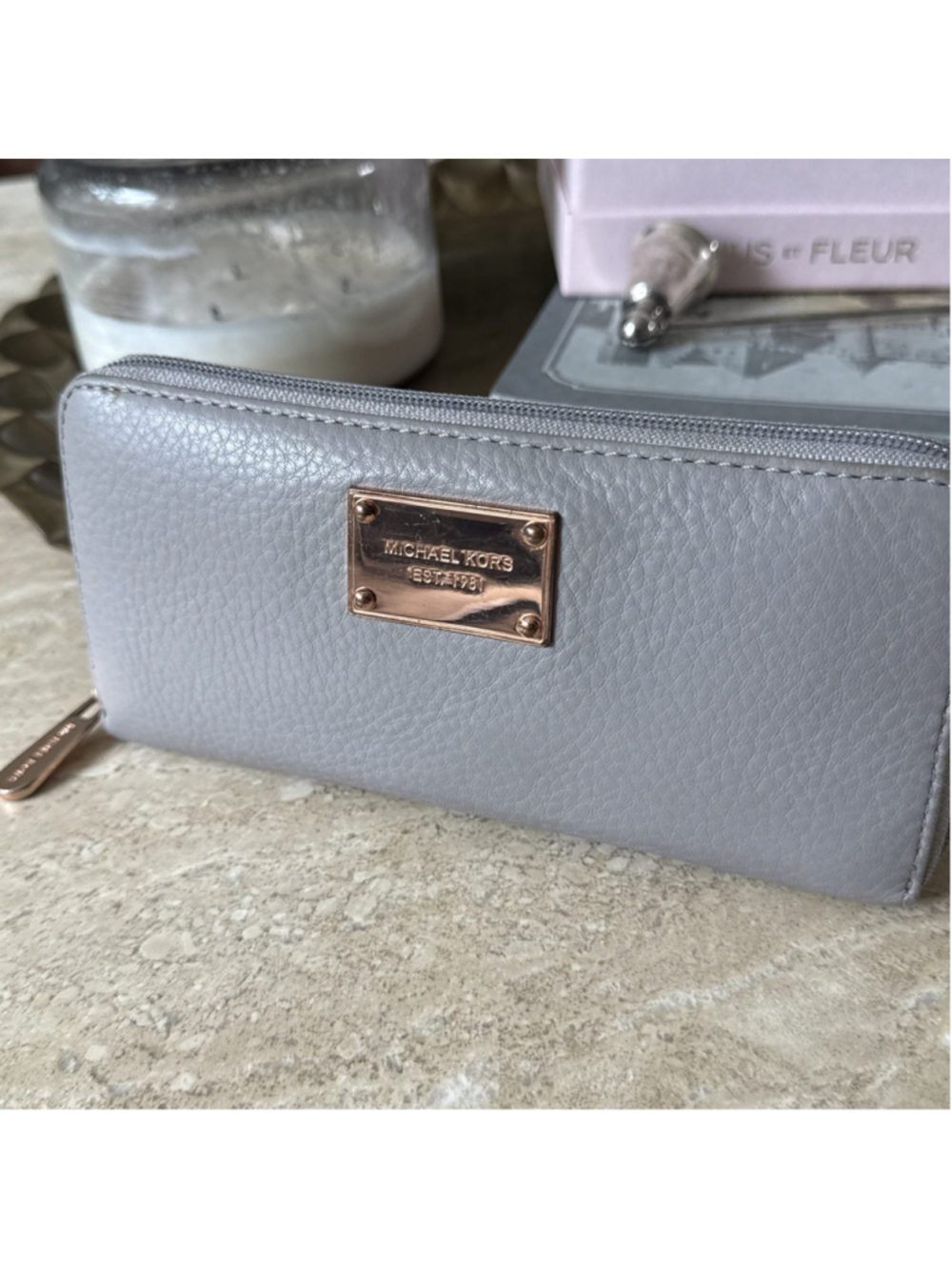 MICHAEL KORS Zip Around GRAY LEATHEr Wallet Clutch ROSE GOLD Hardware